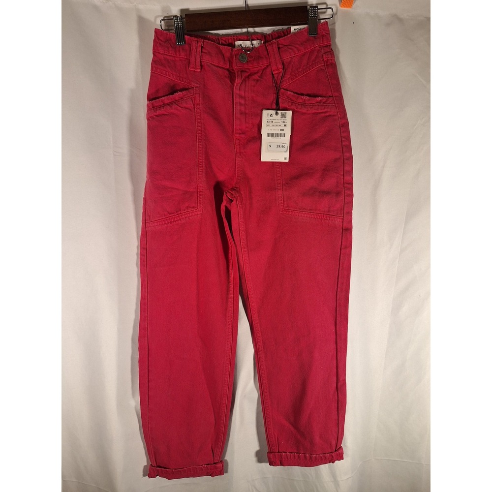 Zara Kids Dark Pink Mom Fit Jeans Girls Size 13-14 High Waisted Distressed Denim